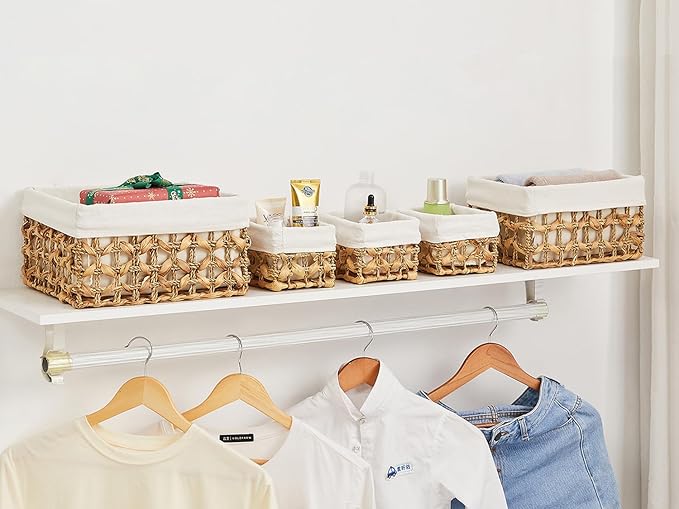 Vagusicc Wicker Storage Basket, Rectangular Wicker Baskets for Storage, Woven, Water Hyacinth and Seagrass Storage Baskets for Organizing, Cube Storage Bins for Closet/Clothes/Dresser, Beige, 5-Pack