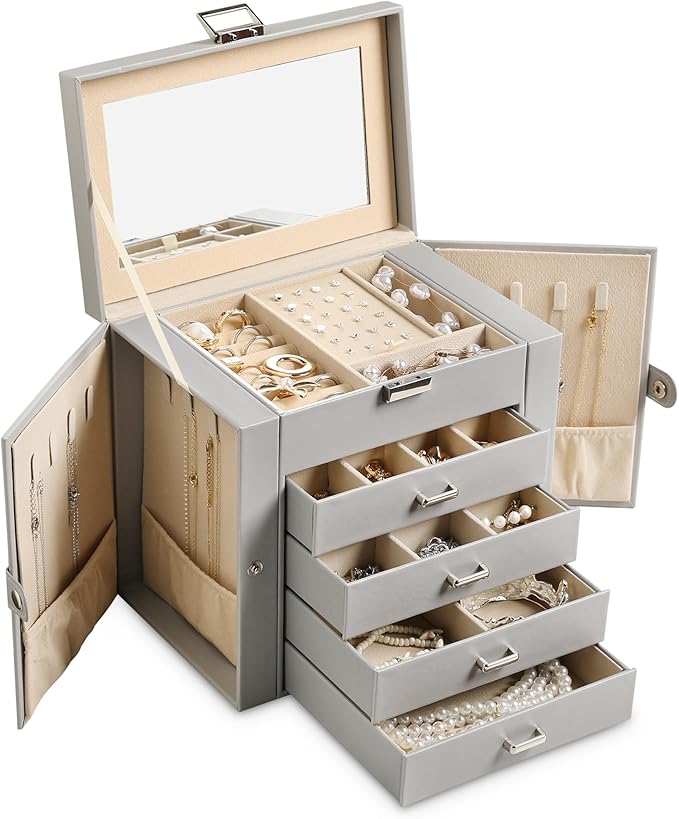 Frebeauty 5-layer Jewelry Box,Faux Leather Jewelry Organizer with 4 Drawers,Jewelry Organizers and Storage with Mirror,Jewelry Holder Organizer for Necklace,Jewerly Boxes for Women Girls(Grey)