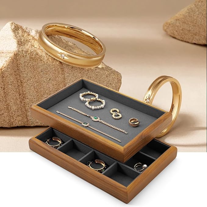 Oirlv Solid Wood 12 Grid Jewelry Organizer Tray Jewelry Drawer Organizer for Rings Earrings Storage Display(Grey)