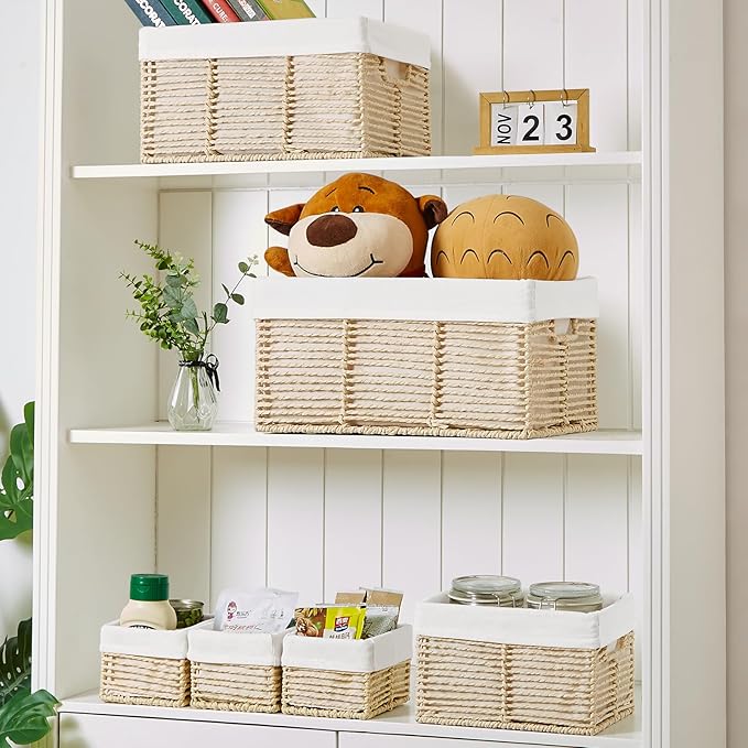 Vagusicc Wicker Storage Baskets, 6 Pack Baskets for Organizing, Wicker Basket with Handle, Rectangular Basket for Storage Shelves, Cube Storage Bins for Closet/Clothes/Dresser, Beige