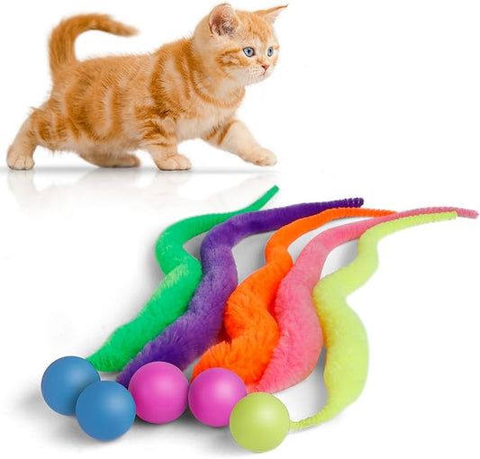 SHENGSEN Bouncy Ball with Tail Cat Toys-5 Packs,Magic Worm with Ball Toy for Cats,Fuzzy Worm Bouncy Balls Cat Toy