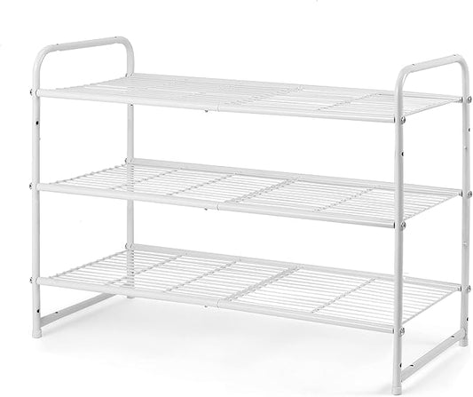 Simple Trending 3-Tier Stackable Shoe Rack, Expandable & Adjustable Shoe Shelf Storage Organizer, Wire Grid, White