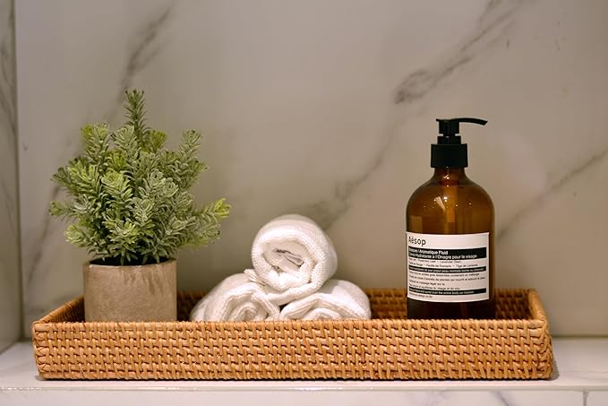 2 Pack Rattan Bathroom Vanity Tray with Mother of Pearl Inlay, Toilet Tank Tray, Toilet Basket Tank Topper, Bathroom Basket for Organizing and Decor (Green Leaves)