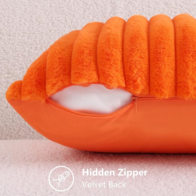 decorUhome Faux Fur Spring Throw Pillow Covers 16x16 Set of 2, Decorative Soft Plush Striped Neutral Couch Pillow Covers with Velvet Back for Sofa, Bed, Living Room Home, Orange