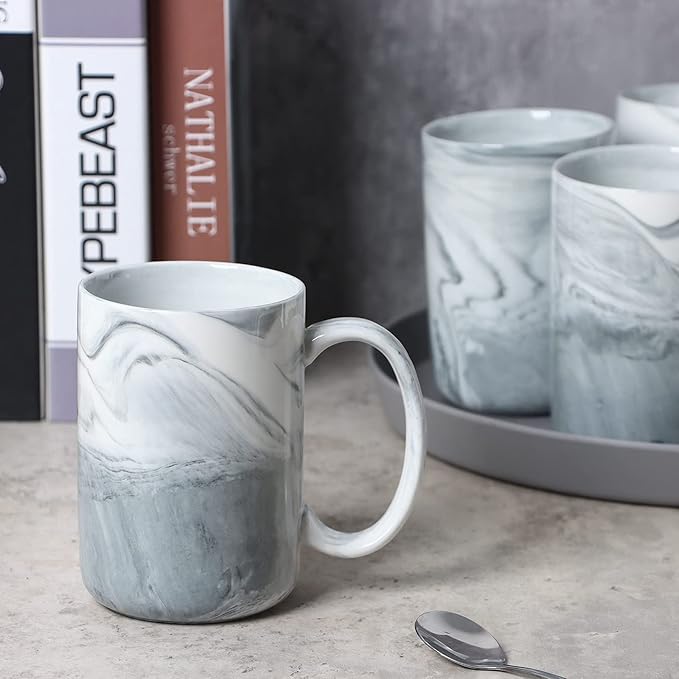 Smilatte 14 OZ Marble Coffee Mugs, M068 Novelty Marble Ceramic Cup for Home and Office, Microwave Dishwasher Safe, Set of 4, Gray