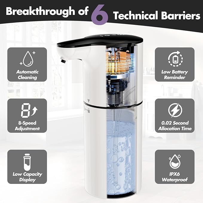 YIKHOM Automatic Liquid Soap Dispenser, Touchless Dish Soap Dispenser, 450mL/15.37 oz Electric Soap Dispenser 8 Level Adjustable Control, USB C Rechargeable Auto Soap Pump Hands Free for Kitchen