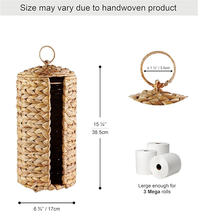 Wicker Toilet Paper Storage Stand with Lid, Toilet Paper Holder for Up to 3 Mega Rolls, Water Hyacinth Toilet Paper Basket Bathroom Accessories Organizer