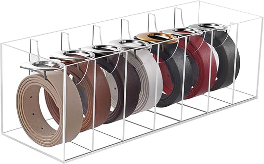 JASGOOD Acrylic Belt Organizer for Closet- 7 Compartments Clear Storage Container Display Holder for Belts, Ties, Watches, Bracelets, Jewelry,Make up and Accessories