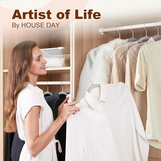 HOUSE DAY Heavy Duty Plastic Hangers 60 Pack, Non Slip Clothes Hangers with Rubber Pads and 360° Hook - Thin 0.2 Inch, Space Saving Coat Hanger Grey, Closet Organizer for Shirt, Pants, Suit, Skirt