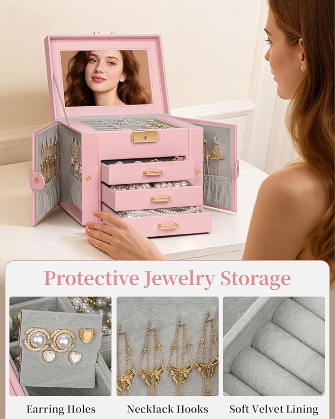 TORIBIO Jewelry Box for Women, Leather Jewelry Organizer with Mirror & Lock, 4-Tier Jewelry Storage Organizer with 3 Drawers for Girls/Women/Mothers, Necklace Earring Bracelets Holder Organizer