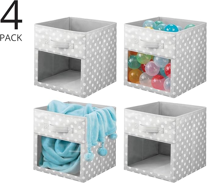 mDesign Fabric Nursery/Playroom Closet Storage Organizer Bin Box, Front Handle/Window for Cube Furniture Shelving Unit, Hold Toys, Clothes, Diapers, Bibs, 4 Pack, Gray/White Polka Dot