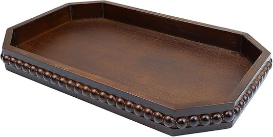Retro Brown Wood Serving Tray with Beads, Farmhouse Decorative Tray for Table Centerpiece, Christmas Wedding Halloween Home Decor