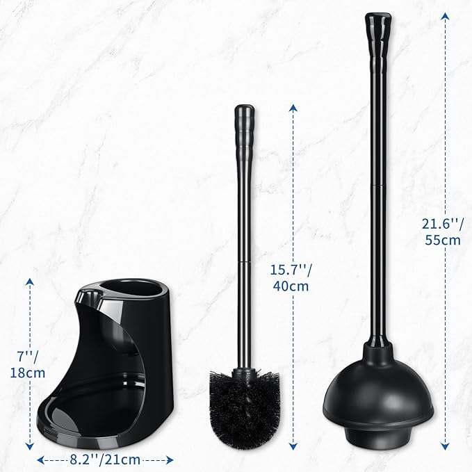 Qaestfy Toilet Plunger and Brush Set for Bathroom Cleaning, 2-in-1 Long Handle Toilet Bowl Brush with Stiff Bristles & Powerful Plunger, Space-Saving Holder (Pack of 2)
