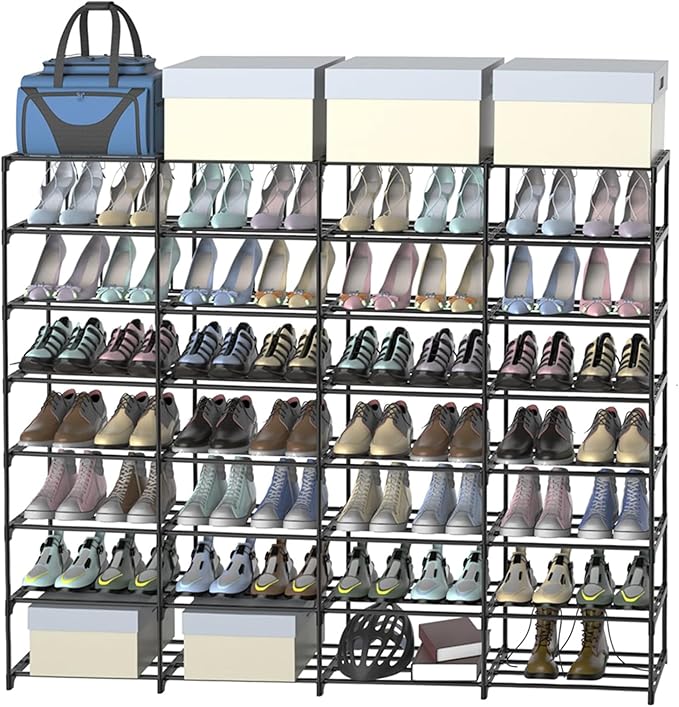 Large Shoe Rack Organizer, 4-Row 8-Tier Tall Shoe Storage Shelf for Closet, Entryway, Garage, Metal Free Standing Shoe Holder for 56-64 Pairs Shoes, Sturdy Stackable Shoe Stand for Bedroom