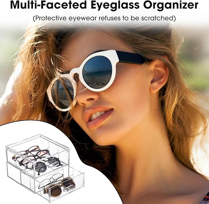 Clear Acrylic 2-Drawer Storage Glasses Organization Drawers Makeup Organizer Box Holder for Sunglasses, Small Items, Makeup Brush Sets, Jewelry Trays and Accessories, 7.24”x7.56”x5.6” (Transparent)