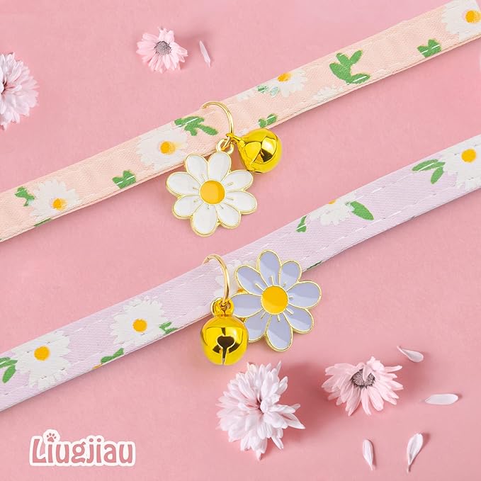 2 Pack Cotton Breakaway Cat Collar with Bell Pink&Purple Flowers Pendant Cute Kitten Cat Collar Suitable for Girls and Boys