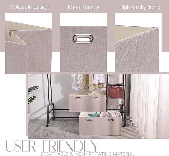 Cube Storage Bins 13×13 Linen Foldable Box with Handles, Collapsible Organization Basket Set of 4 Large Capacity Drawer for Closet Shelf Cabinet Bookcase Bedroom, Beige Sepia