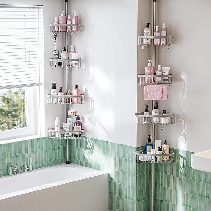 Corner Shower Caddy Tension Pole: Adjustable Rustproof 4-Tier Inside Bathroom Organizer - 47-121 inch Quick Installation Bathtub Shelves for Shampoo Storage - Rod Floor Standing Bath Rack