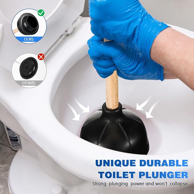 Tanlade 10 Pcs Toilet Plungers for Bathroom Heavy Duty 18 Inch Bulk Black Commercial Plungers with Double Thrust Force Rubber Suction Cup and Long Wooden Handle for Stores Restaurants