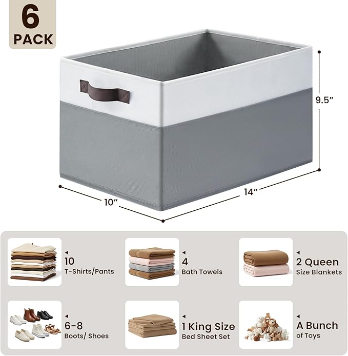 Criusia Closet Organizers and Storage Baskets - 6 Pack Shelf Organizer Bins with Handles - Clothes Storage Bins for Bedroom Nursery Home Closet Organization - Blanket Toy Storage Organizer
