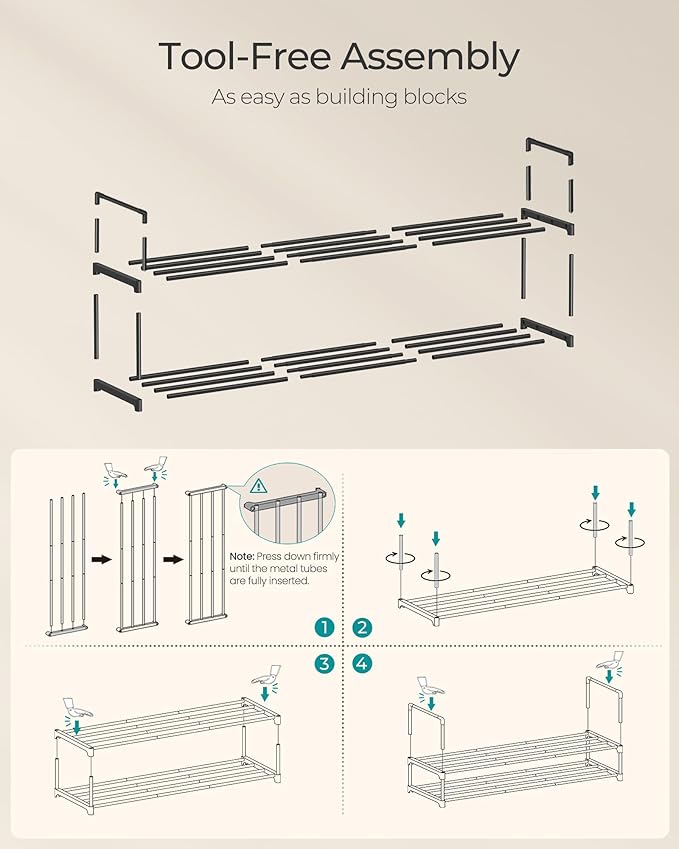 SONGMICS Shoe Rack, 2-Tier Shoe Organizer, Metal Storage Shelf, Upright or Upside Down, for 15-18 Pairs, Stackable, for Entryway, 11.8 x 46.1 x 13.4 Inches, Black ULSA032B01