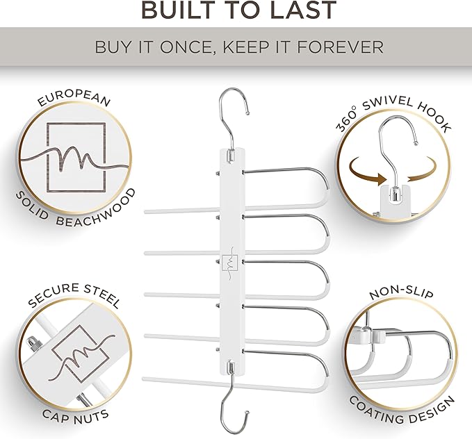 MORALVE Pants Hangers Space Saving - 2 Pack European Beechwood Scarf and Jean Hangers - Closet Organizer and Space Saver Pant Rack, Leggings Hanger, and Scarf Holder with 360° Swivel Hook