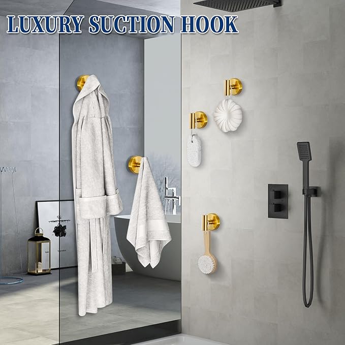Suction Cup Hooks No Drill Stainless Steel Shower Hooks Towel Hook Robe Hook Heavy Duty on Smooth and Non-Porous Surfaces in Bathrooms Kitchen Bedroom (2, Brushed Gold)