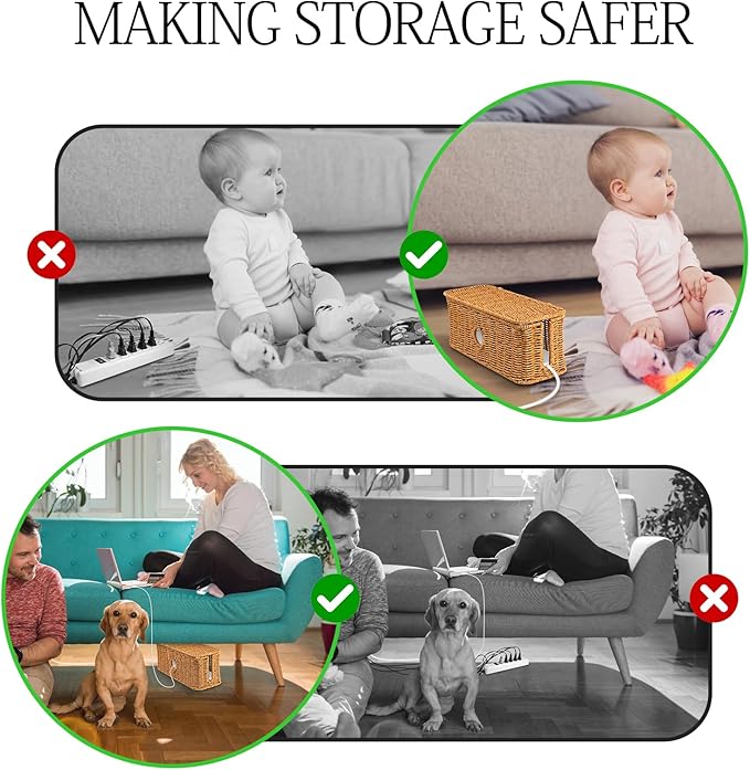 Rattan Cable Management Box Handwoven Cord Organizer Box, 4 Open Slots Cords Hider Box Under Desk Cable Management Suitable for TV Cables Computers Routers Power Cords to Hide and Organize