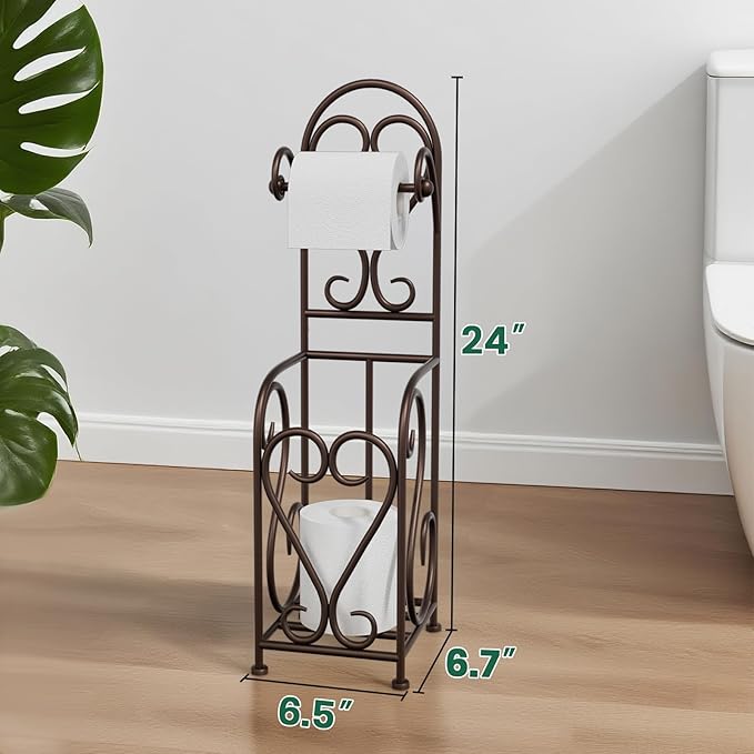 Toilet Paper Holder Free Standing with Storage for Mega Rolls, Scroll Bathroom Tissue Holder Stand, Metal, Bronze