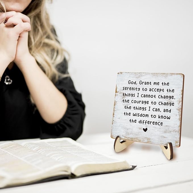 Decorative Desk Decor Motivational Mental Health Recovery Positive Plaque with Wooden Stand Inspirational Serenity Prayer Christian Wood Sign for Home Office Reading Corner Table Bookshelf