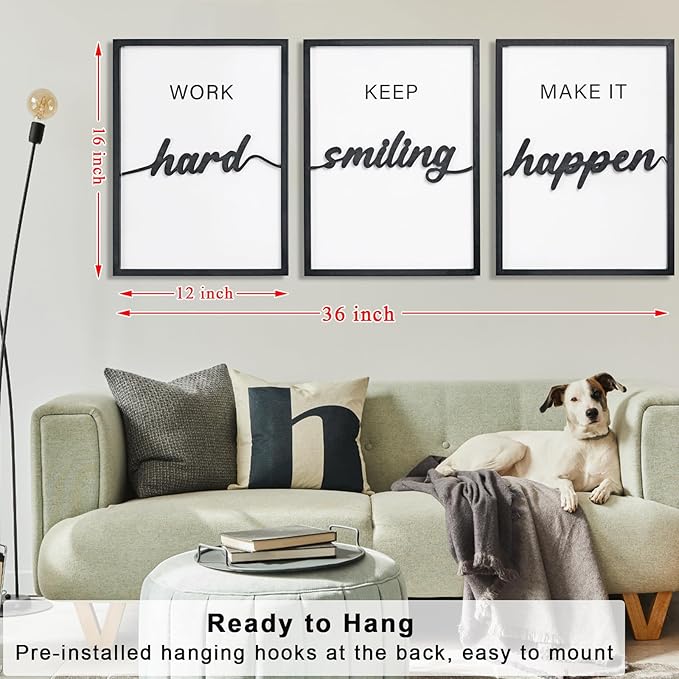 3D Wood Inspirational Office Wall Art, 36" x 16" Framed Black and White Motivational Wall Decor, Inspirational Quotes Wall Art for Home Office Bedroom (Ready to Hang, Set of 3, Framed)