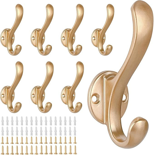8 Pack Coat Hooks Wall Mount Heavy Duty Utility Retro Double Hooks for Hanging Coats,Hat, Towel, Key, Robe, Scarf, Bag, Cap (Gold)
