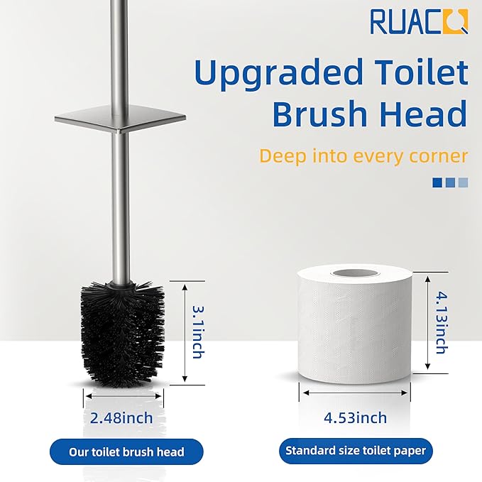 RUACQ Toilet Brush and Holder Set 2pcs,Square Toilet Bowl Brush for Bathroom with 304 Stainless Steel Handle Toilet Cleaner Brush with Durable Scrubbing Bristles,Splash-Proof (Brushed Nickel)