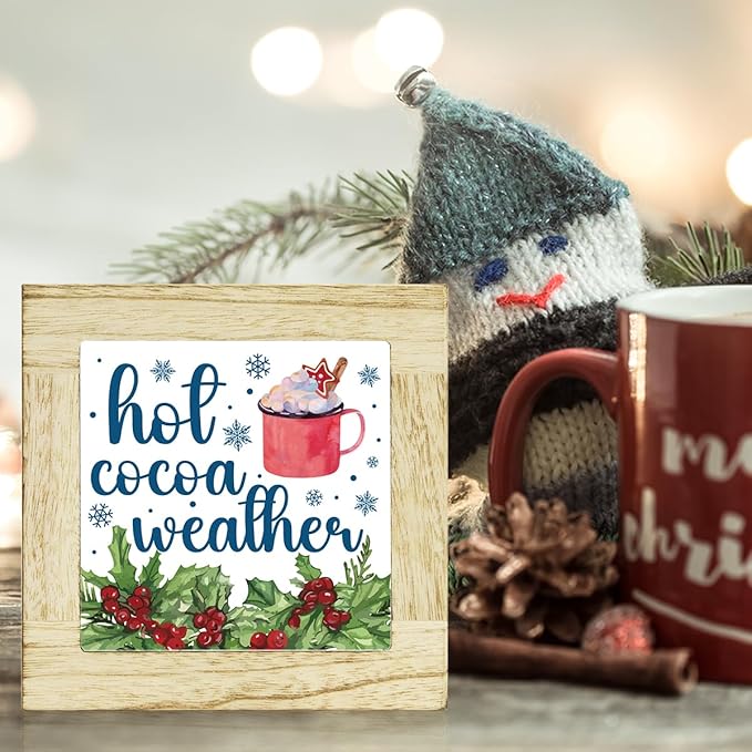 Winter Hot Cocoa Bar Sign Winter Christmas Kitchen Decor for Home Table Christmas Hot Cocoa Bar Decorations for Desk 6 x 6 inches