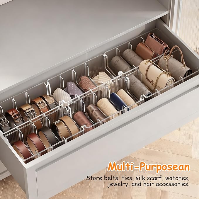 2-Pack Belt Storage Organizer, Acrylic Belt Organizer with 8 Detachable Compartments, Clear Belts Holder for Closet & Drawer, Fits Most Sizes, Space-Saving Design for Ties, Bows & Jewelry
