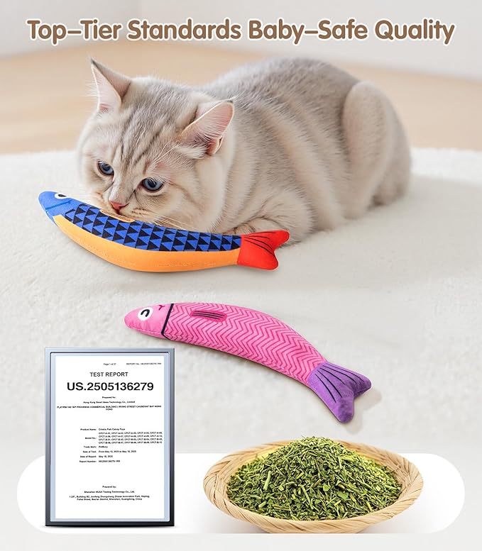 Cat Toys with[5000mg A+Natural Catnip &Silvervine] [Baby Grade] Interactive Soft Chew Kicker Cat Toys for Indoor Cats & Kittens, [Crinkle &Bell] Fish Sound Toy, Drives Bored Cat Crazy with Fun