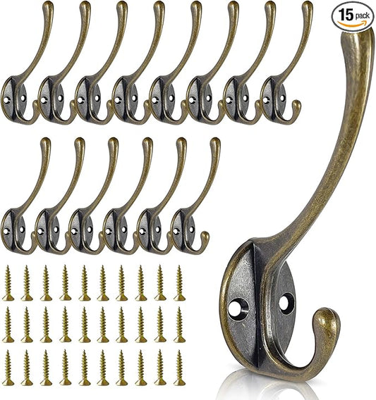 Wall Hooks for Hanging, 15-Pack Heavy Duty Metal Coat Hooks, for Living Room, Bathroom, Kitchen, Bedroom for Towel, Hat, Key, Closet, Bag (Bronze)
