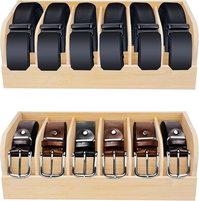 GTI Belt Organizer, 2pcs 6 Compartments Belt Organizer for Closet and Drawer, Bamboo Display Case for Tie and Belt, Belt Holder Storage Organizer for Men Women (Wooden)