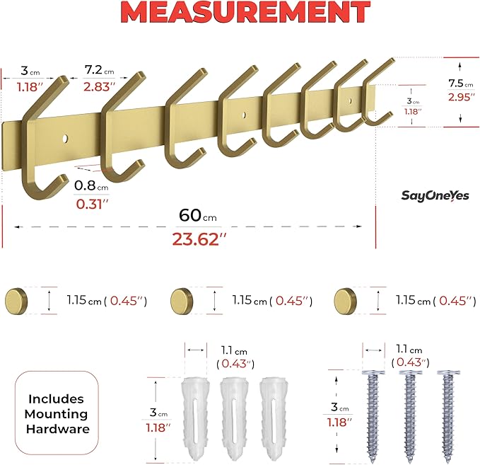 Brushed Gold Wall Mounted Coat Rack – 24 Inch Stainless Steel Rail with 8 Double Coat Hooks for Entryway, Bathroom, Bedroom, Kitchen – Modern Gold Hook Rack for Coats, Hats, Towels