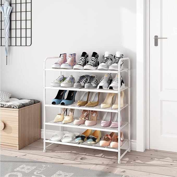 Simple Trending 5-Tier Stackable Shoe Rack, Expandable & Adjustable Shoe Organizer Storage Shelf, Wire Grid, White