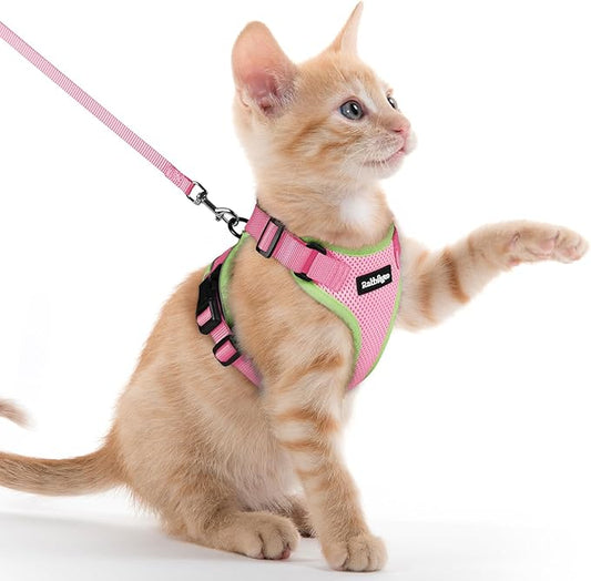 rabbitgoo Cat Harness and Leash for Walking, Escape Proof Soft Adjustable Vest Harnesses for Cats, Easy Control Breathable Reflective Strips Jacket, Pink&Light Green, XXS
