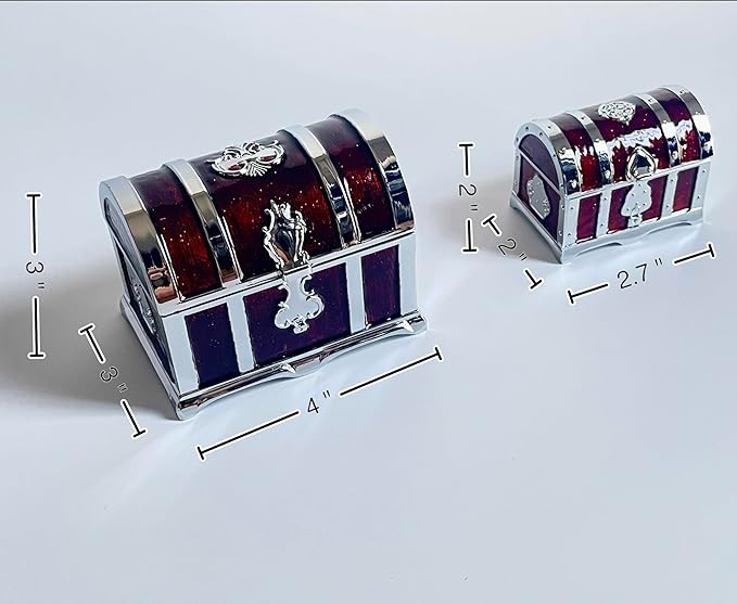 Retro Jewelry Box Arched Vintage Rectangular Metal Chest Necklace Ring Earrings Storage Case for Women Girls (Chrome Transparent Red, S)