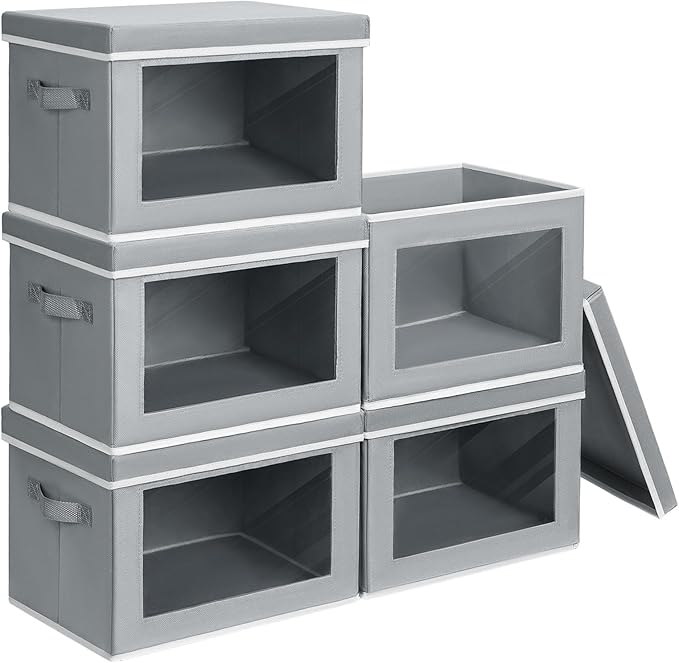 Decorative Bins with Lids - Stackable Cube Bins for Closet, 5 Pack Clear Windows Fabric Organizer Bins, Home Organizers and Storage for Clothes, CD, Towels, Grey
