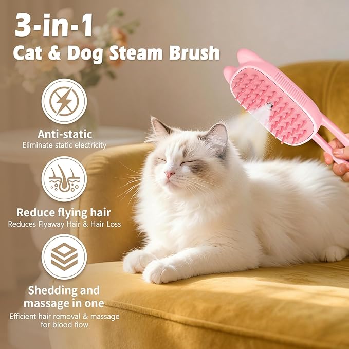 Cat Steam Brush for Dog & Cat, Spritz Defur Comb 3 in 1 Pet Rechargeable Steam Brush Tool for Long and Short Haired Cats and Dogs, Anti-Static, Shedding, Detangling, Massage & Combing (pink)