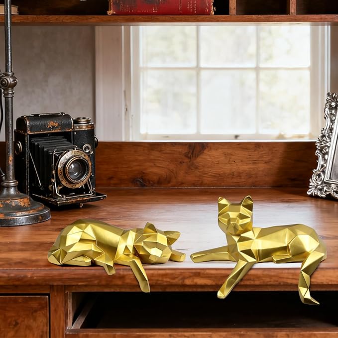 Mrlikale Bookshelf Decor Cat Statue, Modern Geometric Cat Figurines for Living Room Office Shelves Coffee Table Desk Decor – Set of 2 Minimalist Animal Statues (Gold)