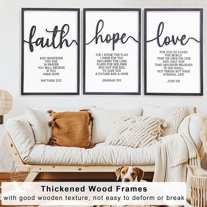 3D Wood Faith Hope Love Wall Decor, Christian Wall Art Bible Verses Wall Decor Scripture Wall Art for Bedroom Bathroom Kitchen Living Room Office(16x24inches, Set of 3, Framed)