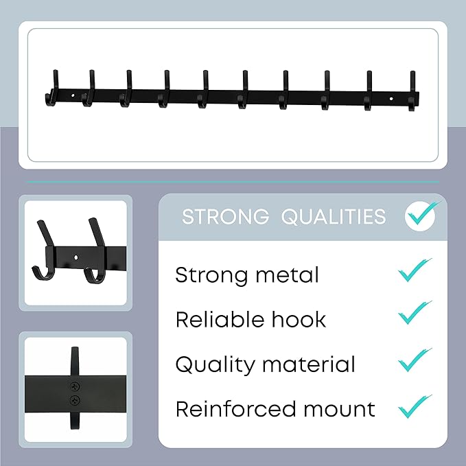 Matte Black Coat Rack Wall Mount – 30 Inch Stainless Steel Hook Rail with 10 Double Coat Hooks – Wall Mounted Entryway Organizer for Coats, Hats, Bags, Towels, Robes, Closet or Bathroom - 2 Pack