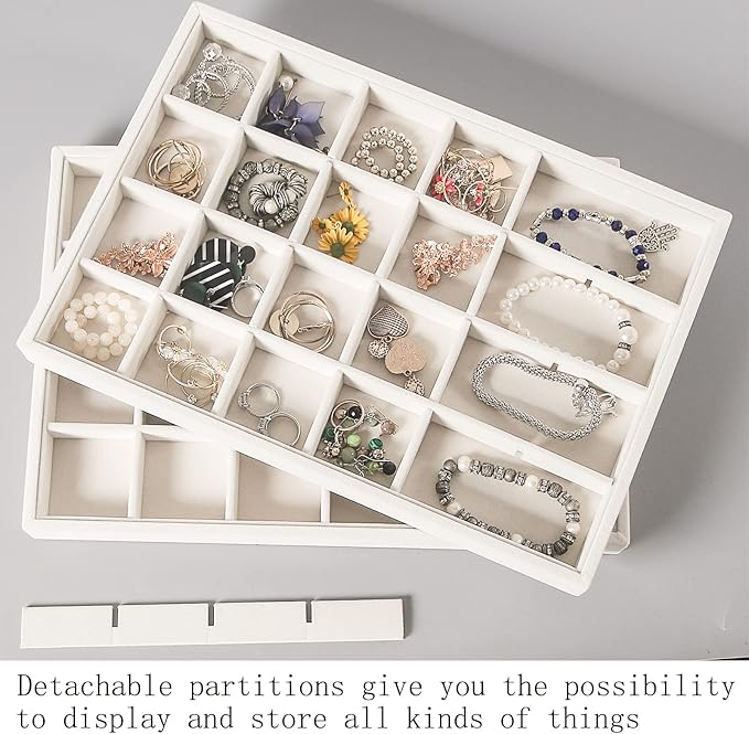 Coward 2PC Stackable 24 Gird Jewelry Organizer Tray Necklace Earring Box Storage Drawer Ring Bracelet Display Holder (beige(24grid+24grid))