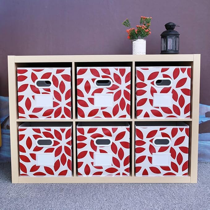 MAX Houser Fabric Storage Bins Cubes Baskets Containers with Dual Plastic Handles for Home Closet Bedroom Drawers Organizers, Foldable, Set of 6 (Red)