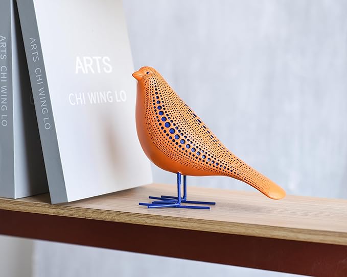 Quoowiit Bird Figurine, Modern Sculpture and Statues for Home Decor, Animal Statues for Bookshelf, Table, Entryway, Fireplace, Resin Decorative Sculpture with Chic Polka Dots Art Design (Orange)